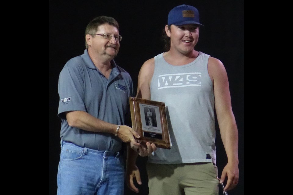Honorary King Miner Wes Haney with 2022 King Miner contest champion Tyrell Hall at the June 26 award ceremony in the C.A. Nesbitt Arena.