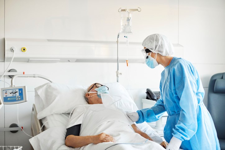 covid 19 patient in hospital stock photo