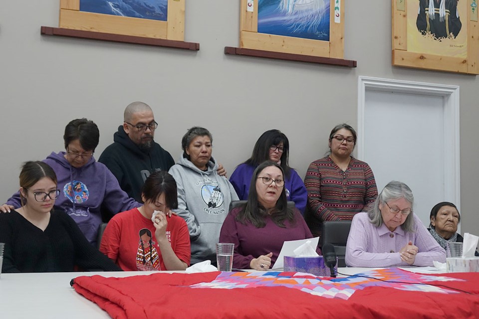 Surrounded by family members as well as the chief of her First Nation and a Manitoba Keewatinowi Okimakanak staff member, Arla Tait-Linklater speaks in Thompson Feb. 27 about the killing of her younger sister Noreen Tait of South Indian Lake.