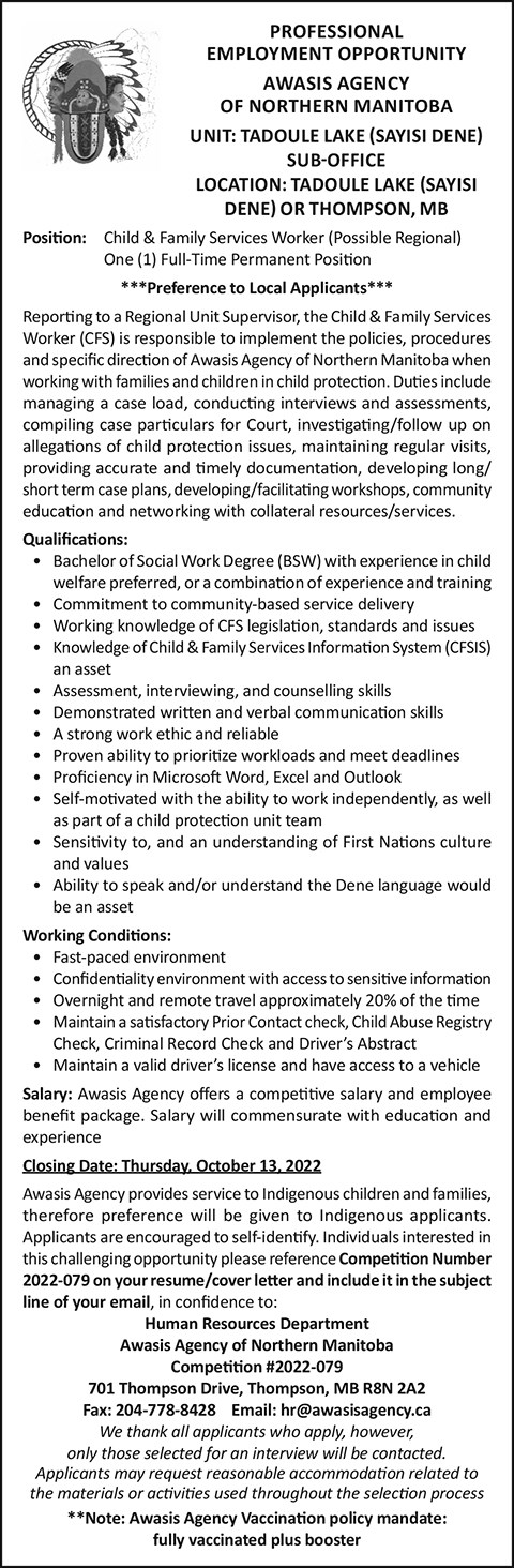 Awasis Agency, Child & Family Services Worker TAD 22-35