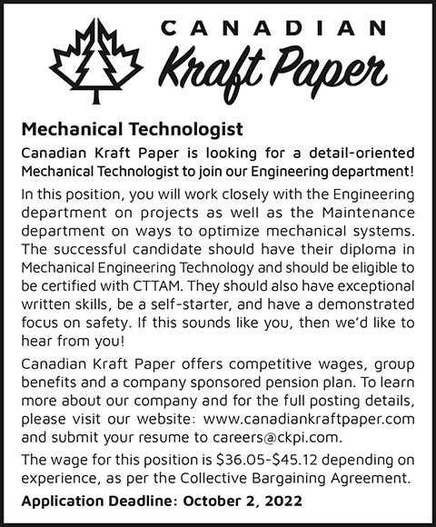 Canadian Kraft Paper, Mechanical Technologist 22-36
