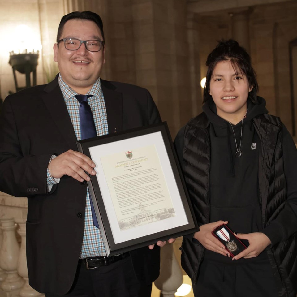 thompson-mla-eric-redhead-and-shenika-chornoby-of-tataskweyak-cree-nation-march-9-2023-manitoba-legislature