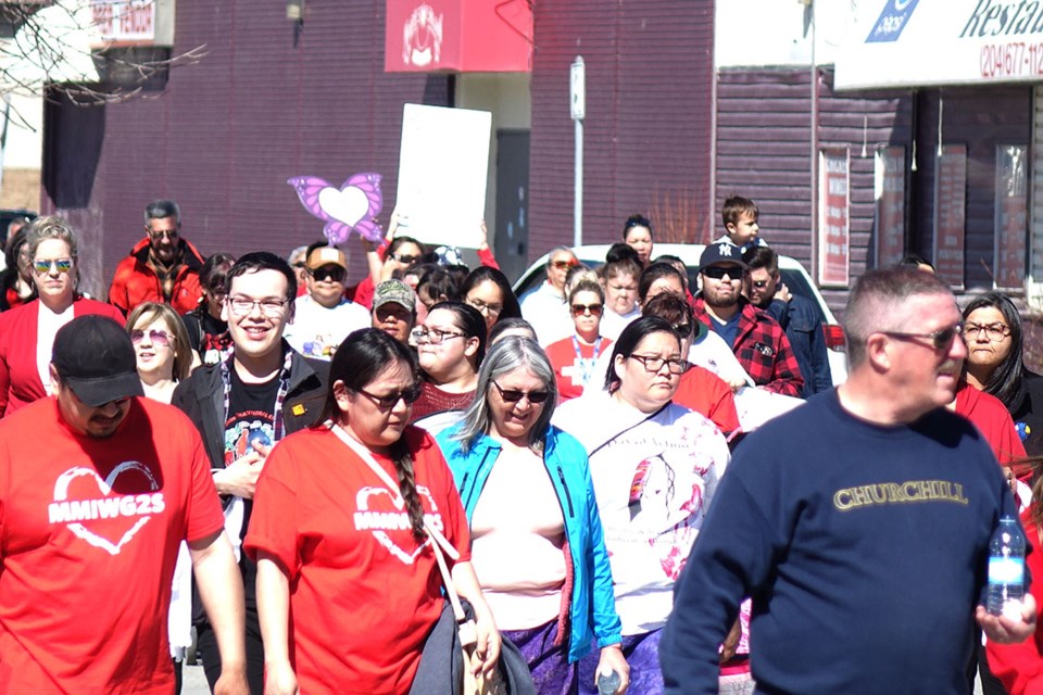 Thompson residents marched downtown and gathered at Manitoba Keewatinowi Okimakanak’s office to mark the National Day of Awareness for Missing and Murdered Indigenous Women and Girls and Two-Spirit People on May 5.