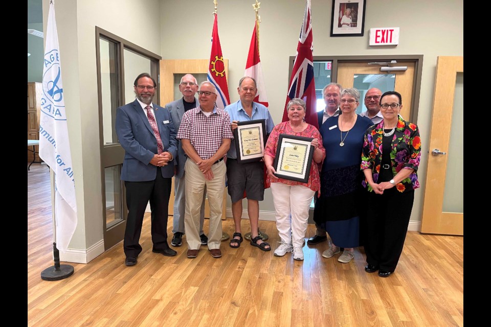 Rick Westlake, President of Thorold Senior Citizens Association, Councillor Fred Neale, Mike Hanes, representing MPP Jeff Burch, Tony Vandermaas, 2022 Thorold Senior of the Year, Lora Vary, 2022 Thorold Seniors Citizens Association Senior of the Year, Mayor Terry Ugulini, Elaine D'Amico, Treasurer, Thorold Seniors Citizens Association, Dan Pelletier, Executive Director, Thorold Community Activities Group, Anna Oakes, representing MP Vance Badawey.