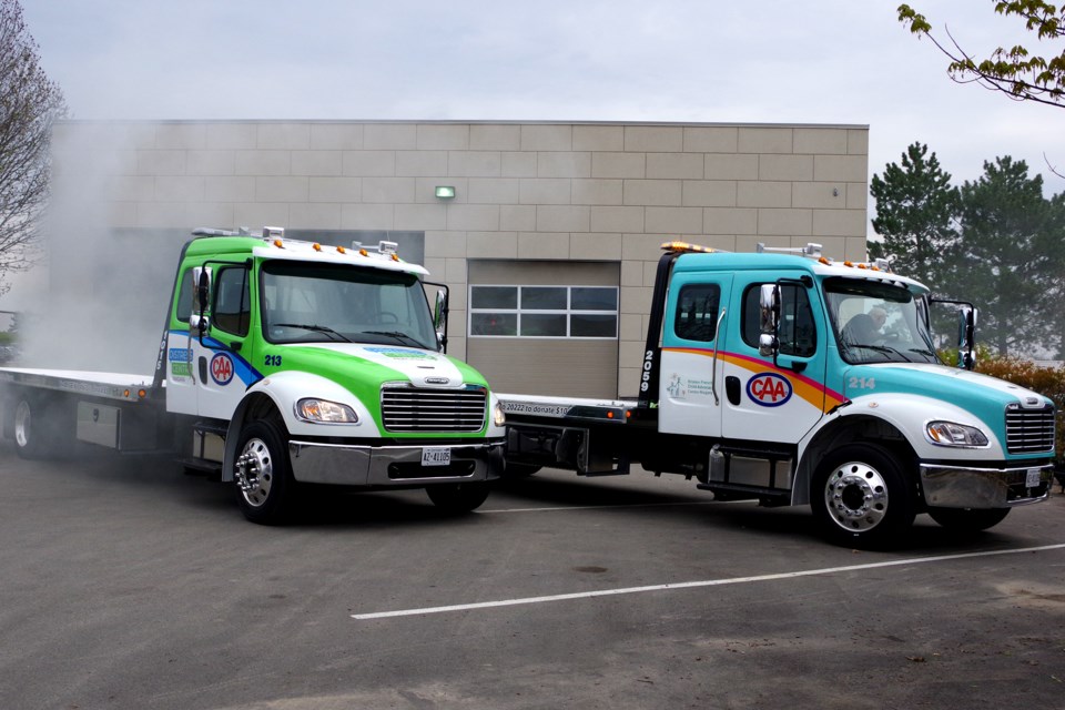 CAA Niagara unveiled their two new White Freightliners wrapped for the recipient charities of their new Community Boost Fund. On the left, the truck is wrapped for the Distress Centre of Niagara and, on the right, the Kristen French Child Advocacy Centre Niagara. Bob Liddycoat / Thorold News