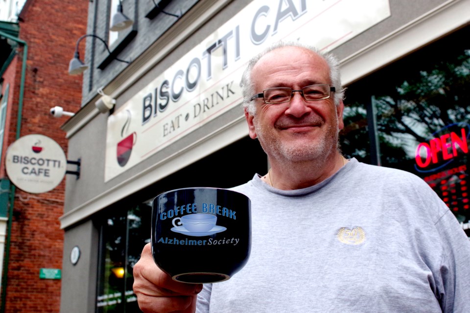 Nick Dell'Omo, owner of the Biscotti Cafe, has pledged monetary support for the Alzheimer Society each Thursday for the next month, Bob Liddycoat / Thorold News