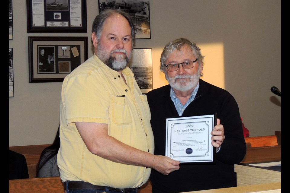 Tony Vandermaas (l) receives Heritage Award from Craig Finlay, chair of Thorold Heritage LACAC. Submitted Photo