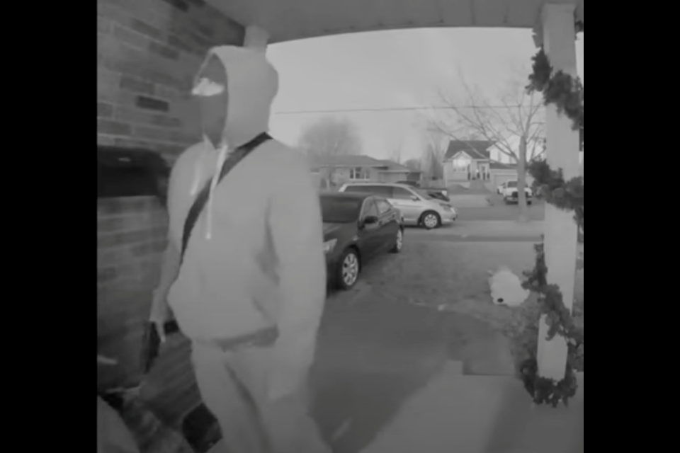 A screenshot taken from a front-porch camera shows one of the suspects in a St. Catharines carjacking on Dec. 28, 2021.