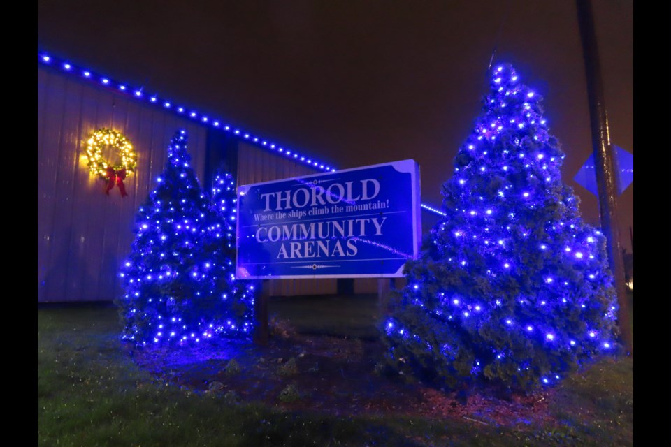 Thorold Community Arena is lit up with vibrant blue. Photo: Ludvig Drevfjall/Thorold News