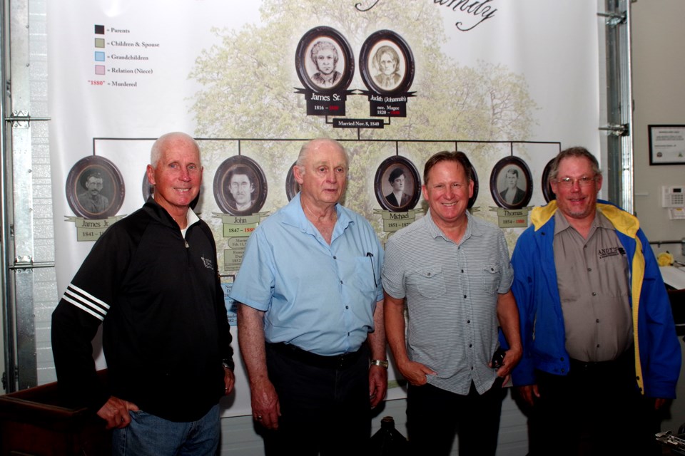 An article in the Thorold News alerted James Cameron, grandson of Will Donnelly, about the Newman family - descendants of Patrick Donnelly living in Niagara. Pictured (l-r) are Peter Newman, Jim Cameron, Matt Newman and Andy Newman. Bob Liddycoat / Thorold News