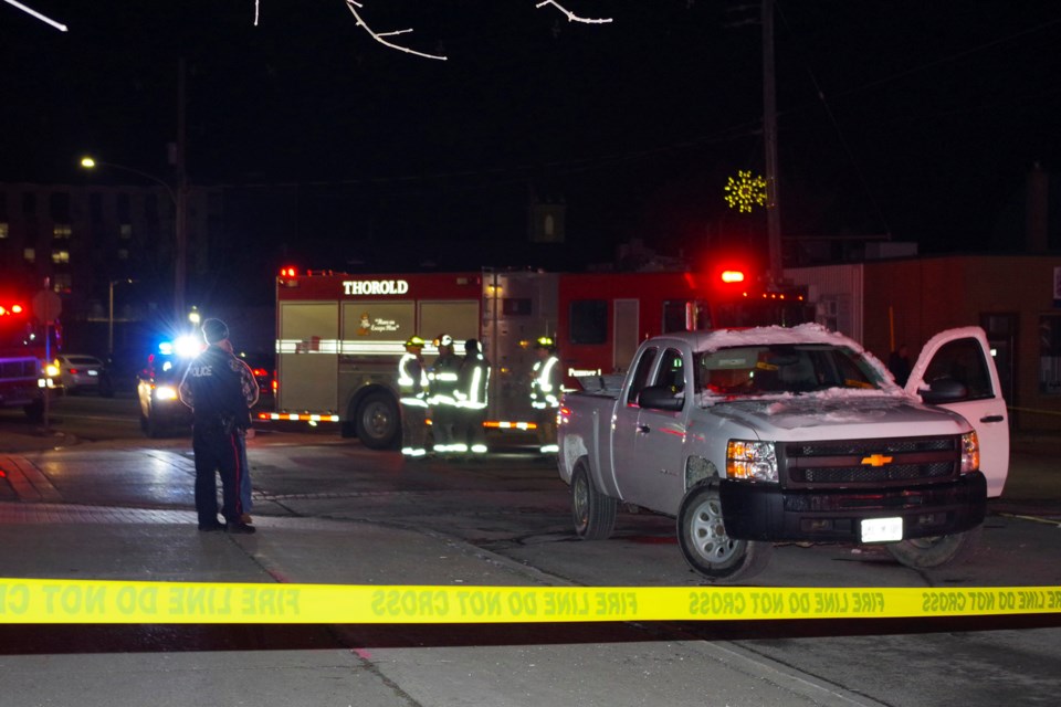 Police tape surrounded the pickup and scene of the accident on Friday, Dec. 6. Bob Liddycoat / Thorold News