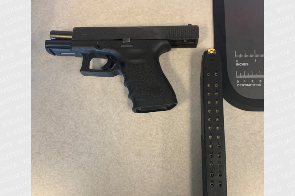 A weapon that was seized during the arrest of two people after a report of a break in at a hotel in Niagara Falls.