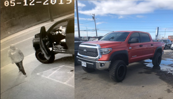 Photos provided by Niagara Regional Police shows truck stolen in St. Catharines and surveillance photo of suspect