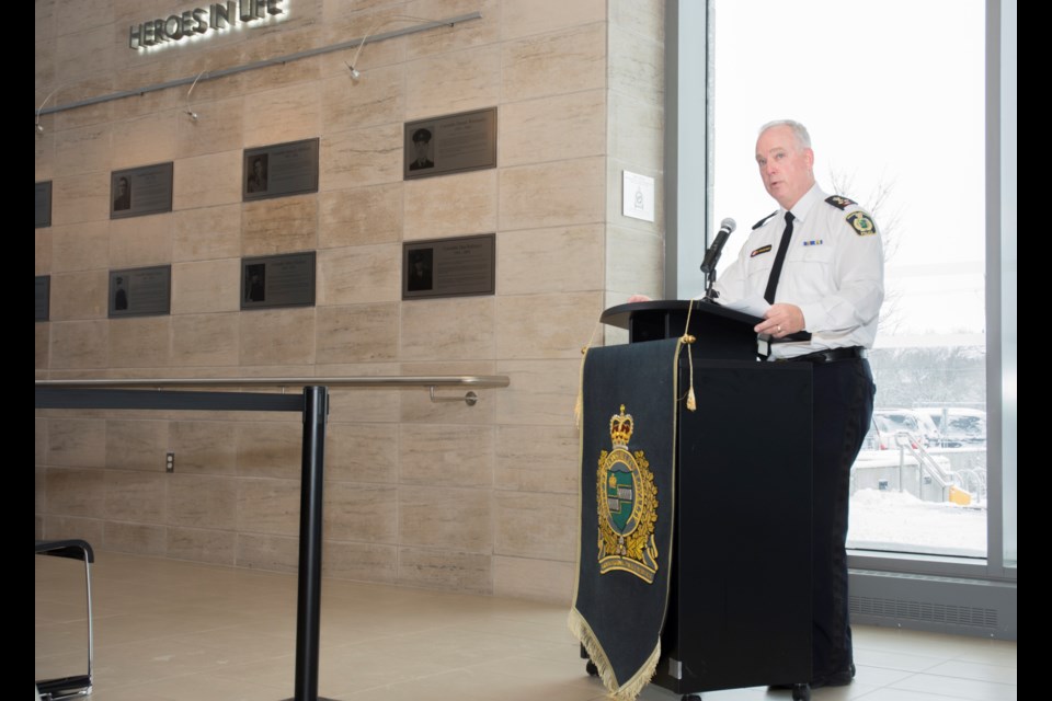 Chief of police Brian MacCulloch speaks at the unveiling of the 