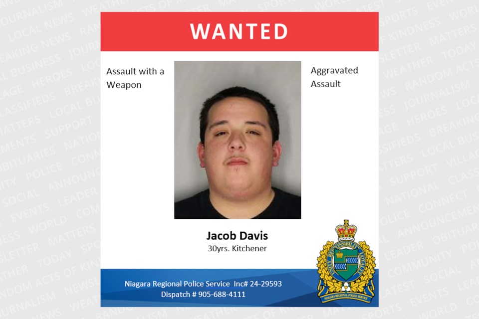 Jacob Davis is wanted by Niagara Regional Police in connection to a serious assault incident that occurred in St. Catharines on March 23, 2024