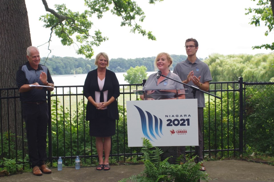 Lisa MacLeod, provincial Minister of Culture, Tourism and Sport announced $29 million in additional funding for the 2021 Canada Games to be hosted in Niagara. She is flanked by Doug Hamilton, Board Chair for the Niagara 2021 Host Society and Sandie Bellows, Chair of the Niagara Parks Commission  (l), and Niagara West MPP Sam Oosterhoff (r). Bob Liddycoat / Thorold News
Bob Liddycoat / Thorold News