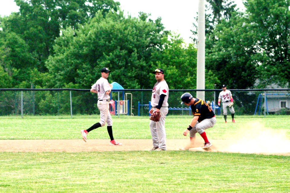 Thorold's Dan Boekestyn steals second standing up in first inning action. Boekestyn had reached on a single, driving in two runs in the process. Bob Liddycoat / Thorold News
