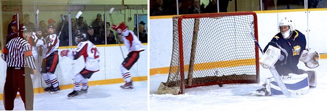 Cameron MacKay (14) of Thorold delivers a body check during Thorold's 5-2 victory over Dunnville in Midget tournament action. PHOTO LIDDYCOAT