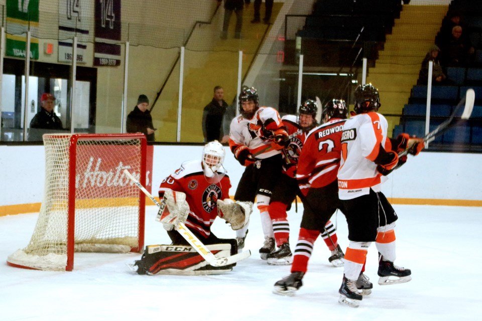 Thorold goalie Chase Grsic watches puck deflect after getting his pad on a shot. He stopped all 27 shots he faced for the win. Bob Liddycoat / Thorold News