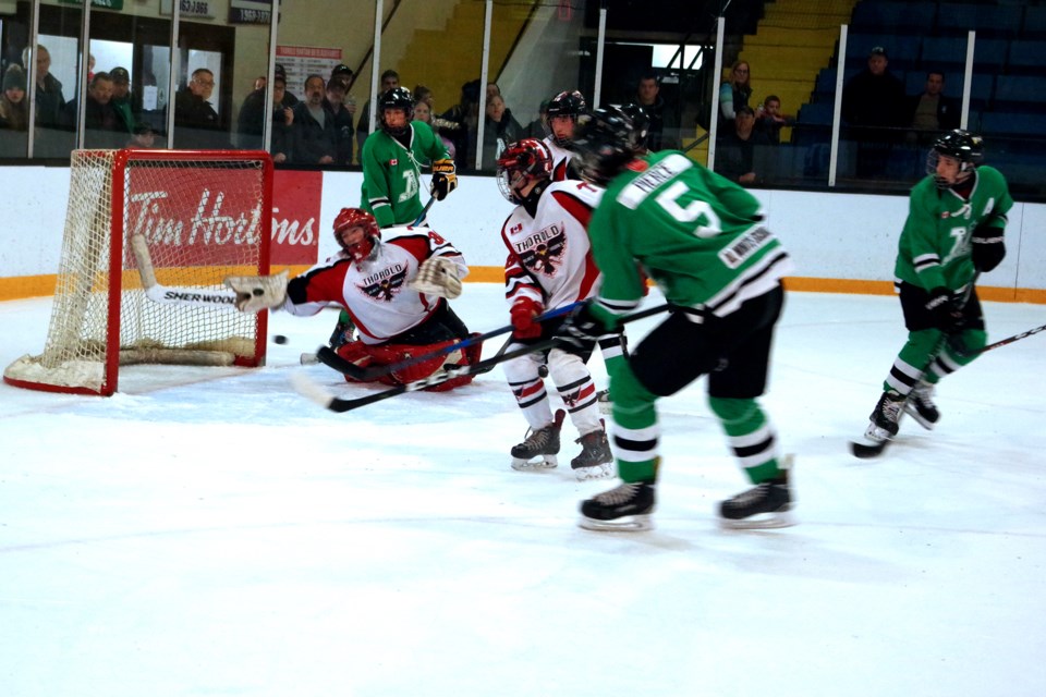 Quinton Pierce (5) finds a wide open net to score the winning goal for Napanee. Bob Liddycoat / Thorold News