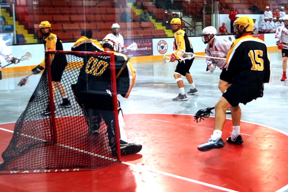 Assistant captain Sam Leclair (centre) gets the Spartans on the board as he blasts a shot past Hamilton goaltender Lucas Nagy. Bob Liddycoat / Thorold News