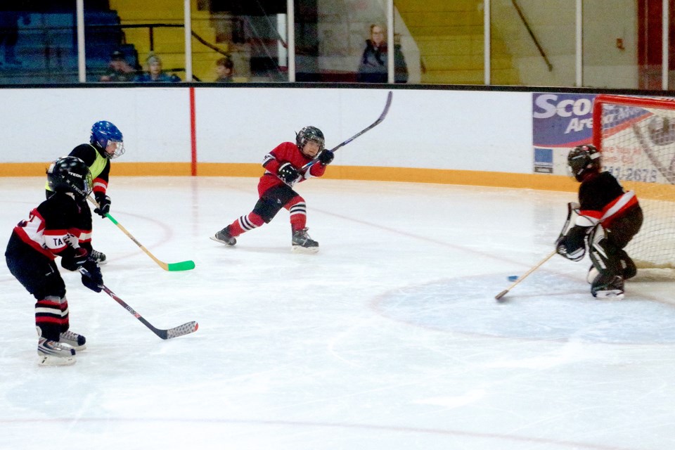 Thorold's Matteo Difelice of Thorold Team #2 puts one through the five hole for a goal against West Lincoln. 
