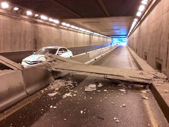 A section of the ceiling in the Thorold Tunnel fell to the roadway after being struck by a garbage truck. MTO Photo