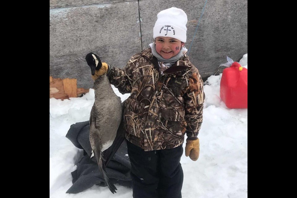 Raeya Biedermann, 6, from Moose Factory got her first goose on her first day at camp. Supplied photo