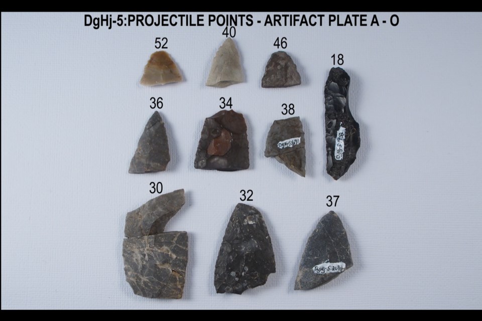 Projectile point plate A showing the obverse sides of various projectile point fragments recovered from Yellow Falls 2.