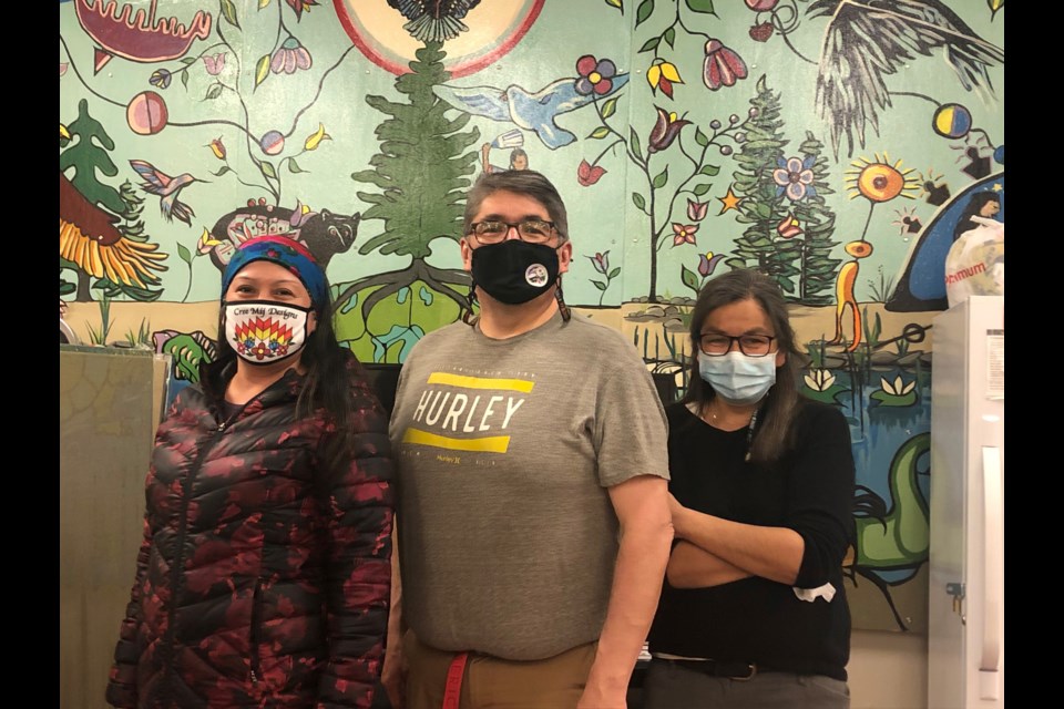 Ininew Friendship Centre's (IFC) cultural resource worker Mary Jane Archibald, DSB1's Indigenous Student Advisor and IFC's President Desmond O’Connor and Betty Rickard, language worker at IFC. The friendship centre released the Moose Cree Language App in early April.