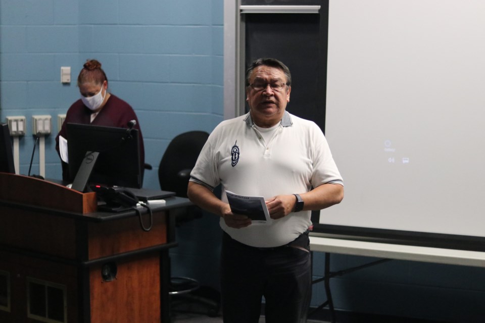 Fort Albany member Mike Metatawabin gives opening remarks at the presentation of his spoken word project created in collaboration with a Swiss musician and author Manuel Menrath.