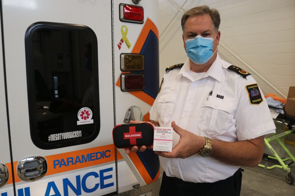 Cochrane District Emergency Medical Services (EMS) commander of quality assurance and professional development Seamus Murphy with a naloxone kit.