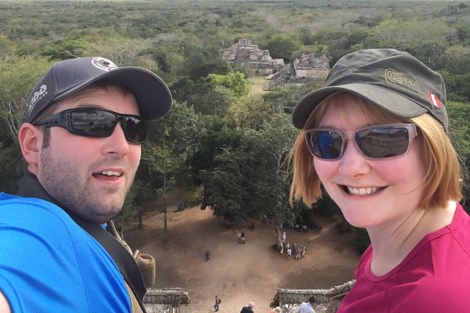 Amy McKillip (right) and husband Iain McKillip are pictured on vacation in Mexico on the day of the explosion, overlooking the Mayan ruins of Ek Balam at Ek Balam Village.