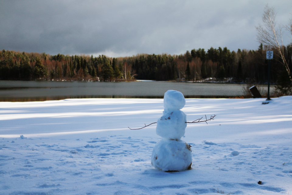 A snowman on the beach at Hersey Lake