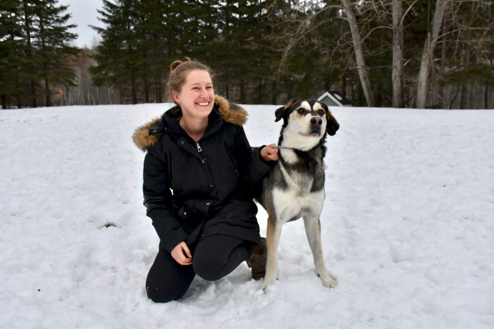 Photographer Katelyn Malo is starting a new photograph series to showcase successful Timmins and District Humane Society adoption stories. She's seen here with Luke, an energetic pup available for adoption at the humane society. Maija Hoggett/TimminsToday
