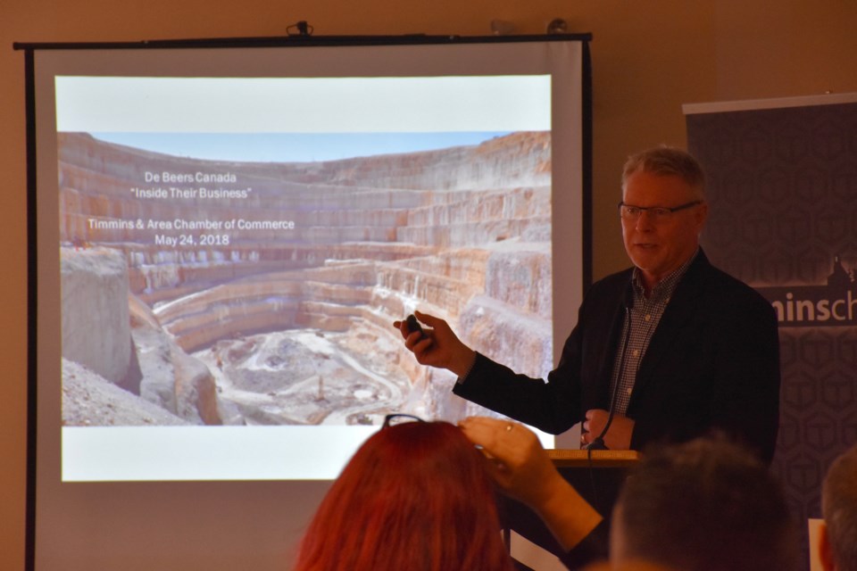 De Beers Canada head of external and corporate affairs Tom Ormsby gives an update on the Victor Mine at the Timmins Chamber of Commerce's Inside Their Business event. Maija Hoggett/TimminsToday