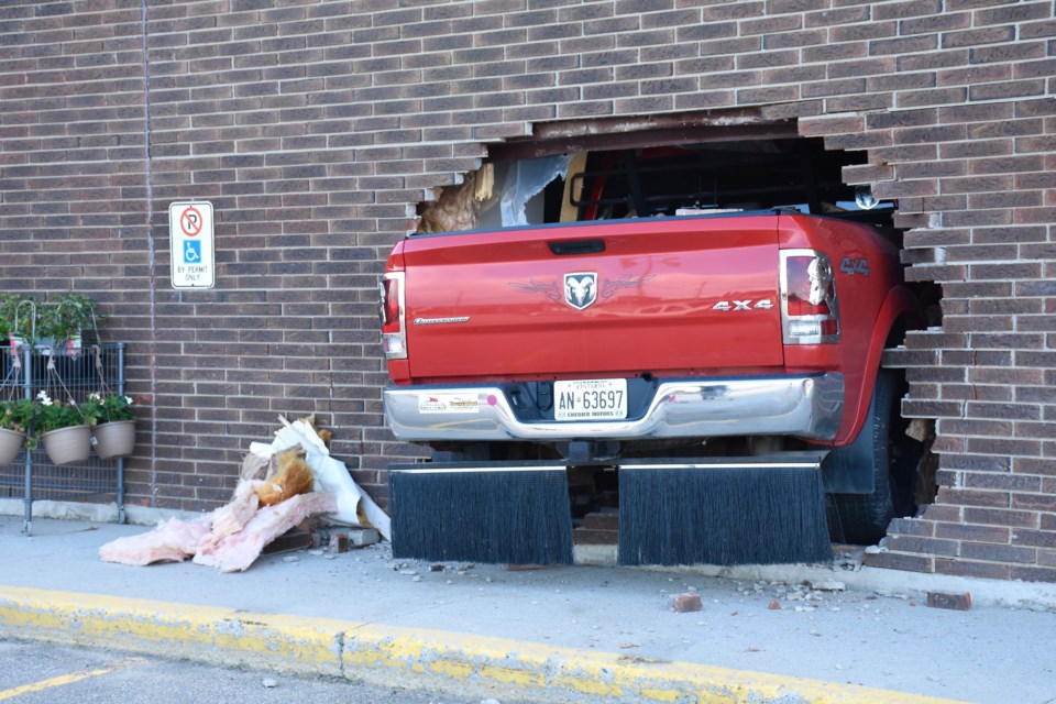 A pickup truck crashed through the wall of the Porcupine Mall near Giant Tiger. Maija Hoggett/TimminsToday