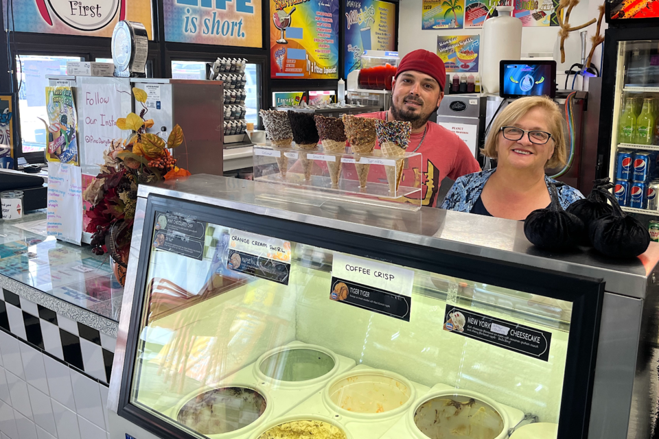 Anne-Marie DeGrammont, manager of the Pine Dairy Bar, right, with friendly staffer Yvon Fortin. The Pine Dairy Bar is well known for its ice cream, but also makes fresh food daily and its ice cream cakes are also popular.