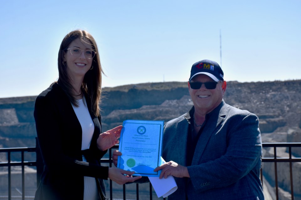 Timmins Mayor Michelle Boileau proclaims the week of June 4 as mining week with the Canadian Mining Expo president Glenn Dredhart.