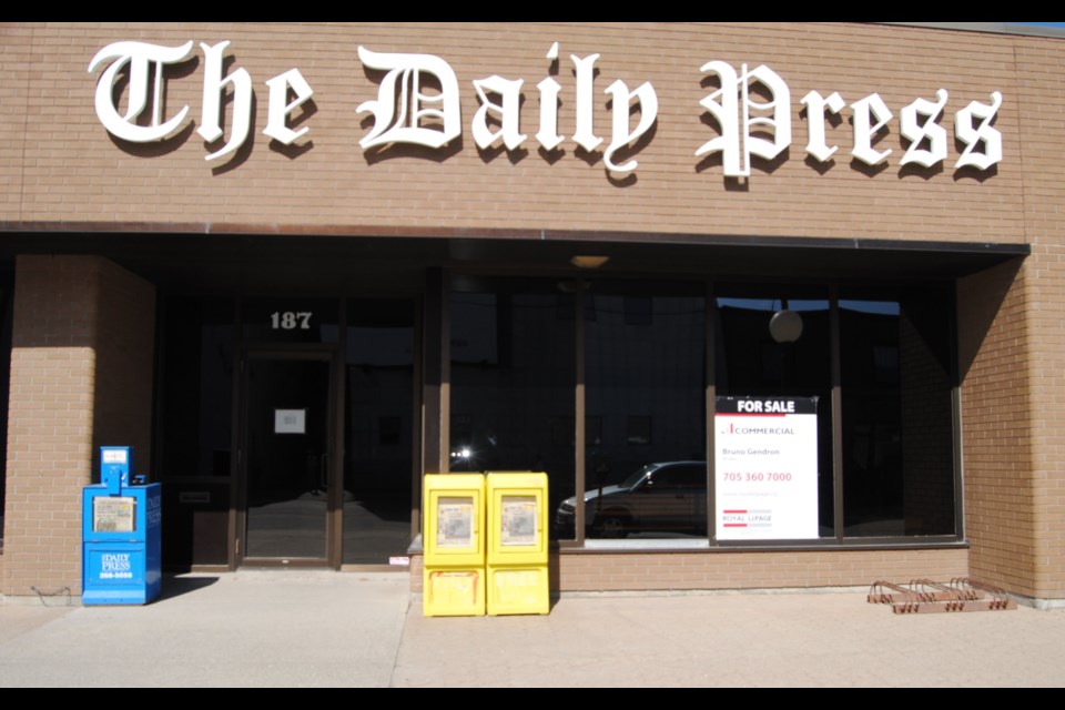 A week after Postmedia announced a major restructuring and recapitalization the Timmins Daily Press building on Cedar St. S. went on the market. Photo by Frank Giorno www.timminstoday.com