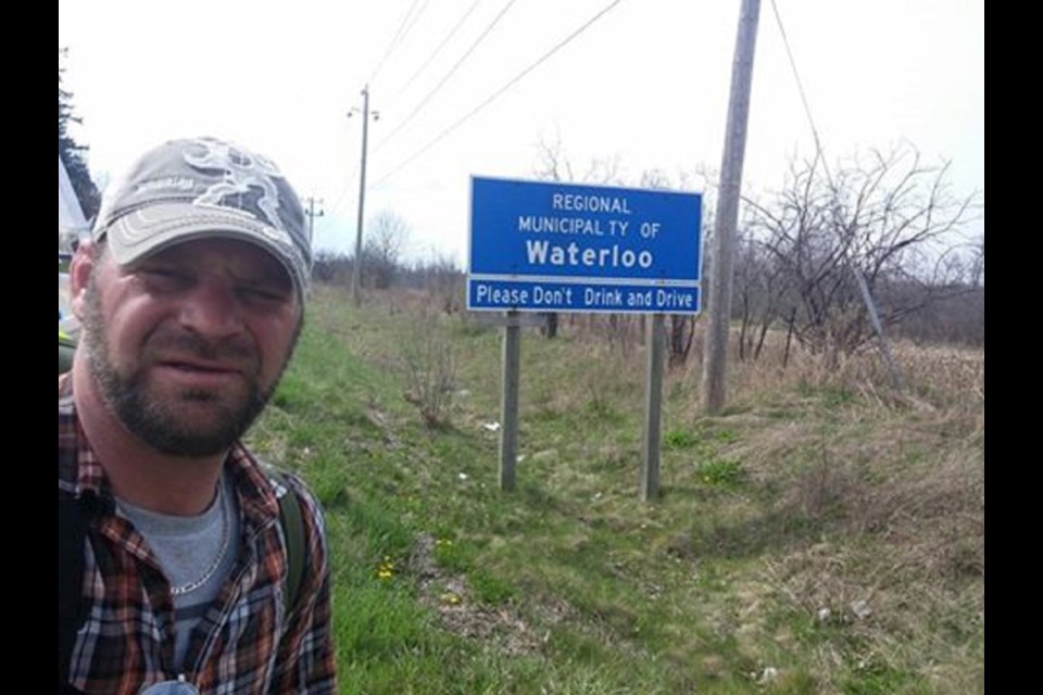 Neil Hamell approaching Kitchener-Waterloo on his walk to bring awareness to homelessness and mental illness. Photo courtesy of Neil Hamell