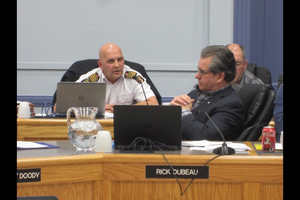 Timmins Fire Chief Mike Pintar listens to questioning from Mayor Steve Black over his opposition to the project. Andrew Autio for TimminsToday                               