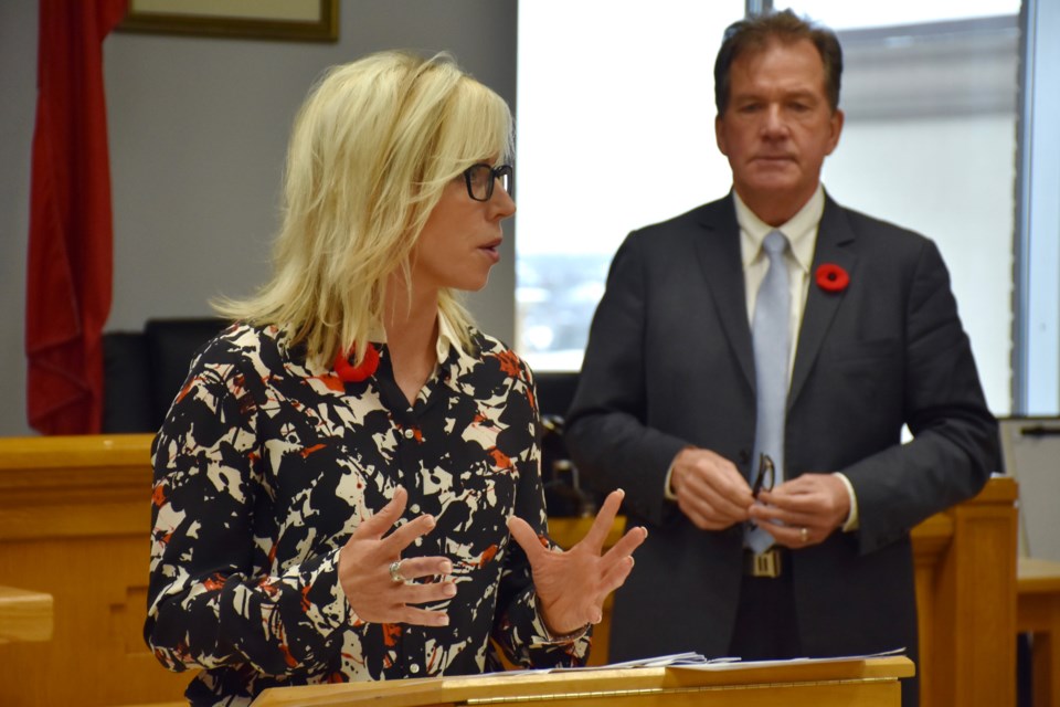 Trimeda Consulting Inc. president Melanie Verreault and Mayor George Pirie talk about the Community Safety and Well-Being Plan. Maija Hoggett/TimminsToday
