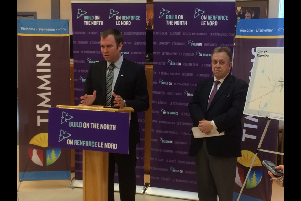 Mayor Steve Black and Minister of Northern Development and Mines Michael Gravelle announce provincial funding for the connecting link. Andrew Autio for TimminsToday