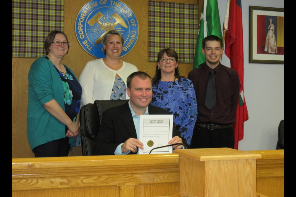 Left to right: Northern College Accessibility and Student Advisor Shanna Lecuyer, Learning Disabilities Association of Timmins’ Community Advisory Committee Chair Shawna Foy, Mayor Steve Black, Learning Disabilities Association Resource Facilitator Gale Wiseman, and Awareness Month Honourary Chair Kaleb Charette.