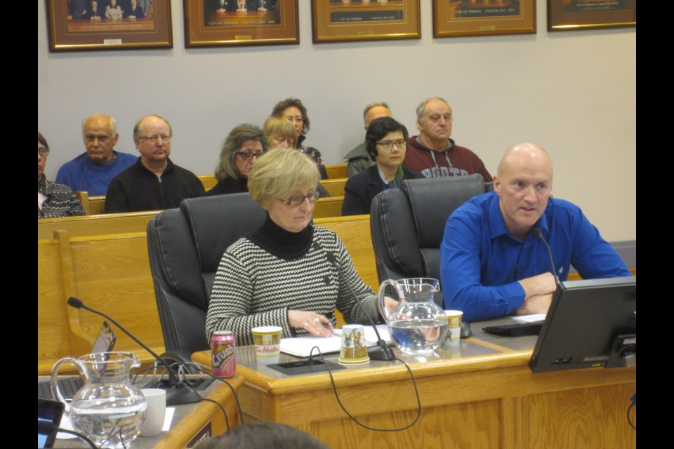 Karen Bachmann, Curator of the Timmins Museum National Exhibition Centre, and Mark Jensen, of the City of Timmins speak to council. Andrew Autio for TimminsToday                               