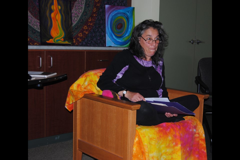 Hippie-Beatnik Poetry Cafe originator, Maggie Jasaitis reads from her works during Culture Days at the Timmins Library Meeting Room which was transformed into a beatnik-hippie cafe for the afternoon. Photo: Frank Giorno for Timminstoday