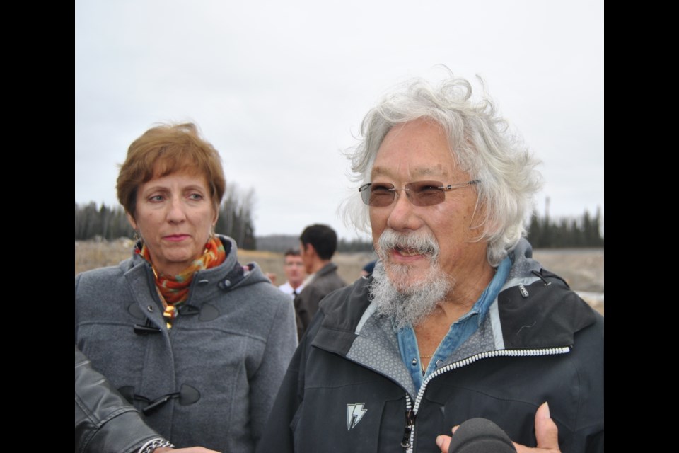 France Gelinas, Nickel Belt MPP, with David Suzuki at the CN Derailment Site off of Old Gogama Road. Frank Giorno For TimminsToday
