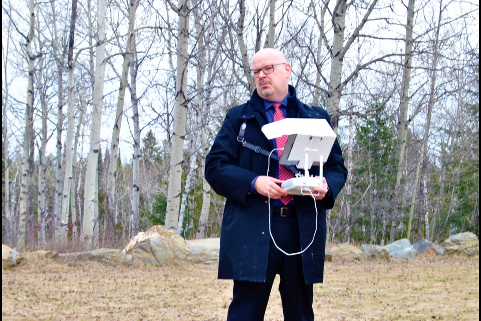 Chad Mowbray about to demonstrate how a drone works. Frank Giorno for TimminsToday.