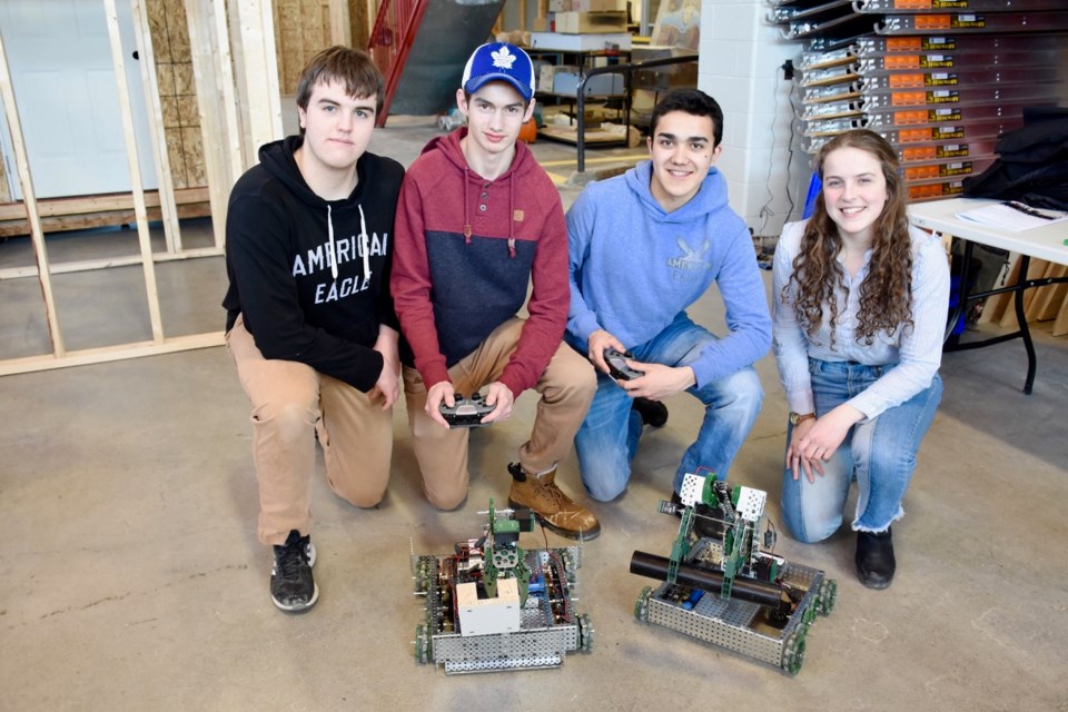 Kirkland Lake District Composite School's robotics team won the qualifier against Timmins High to earn a trip to Skills Ontario next month. Pictured is Max Witty, left, Grant Morgan, Robert Ek and Serenity Pratt. Maija Hoggett/TimminsToday